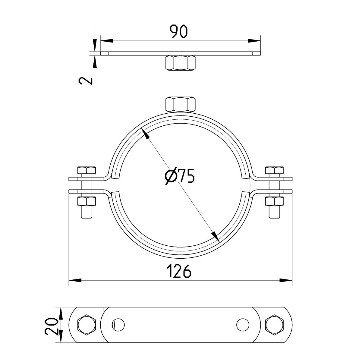 Line drawing of a pipe hanger from the series Pipe hanger-EPDM-UNC threaded.